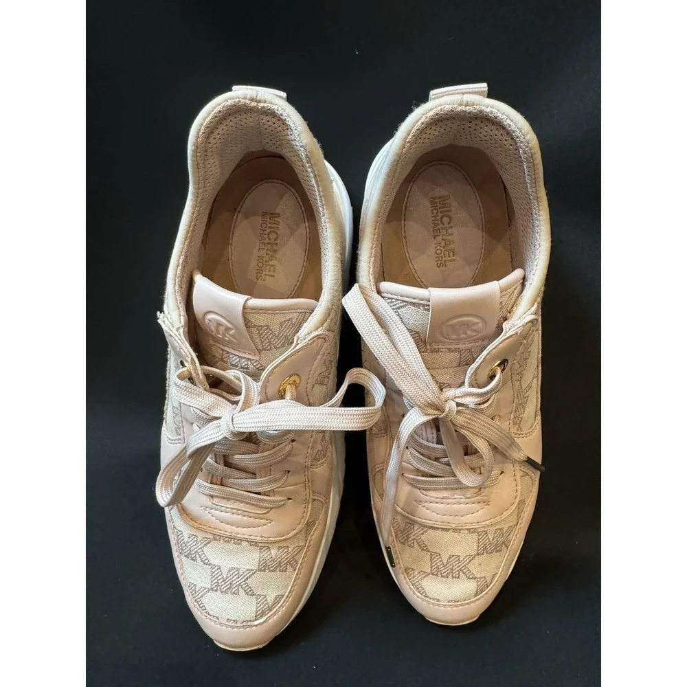 Michael Kors Muse Trainer Women's Low Top Lace Up Logo Sneakers Pink Gold Trim